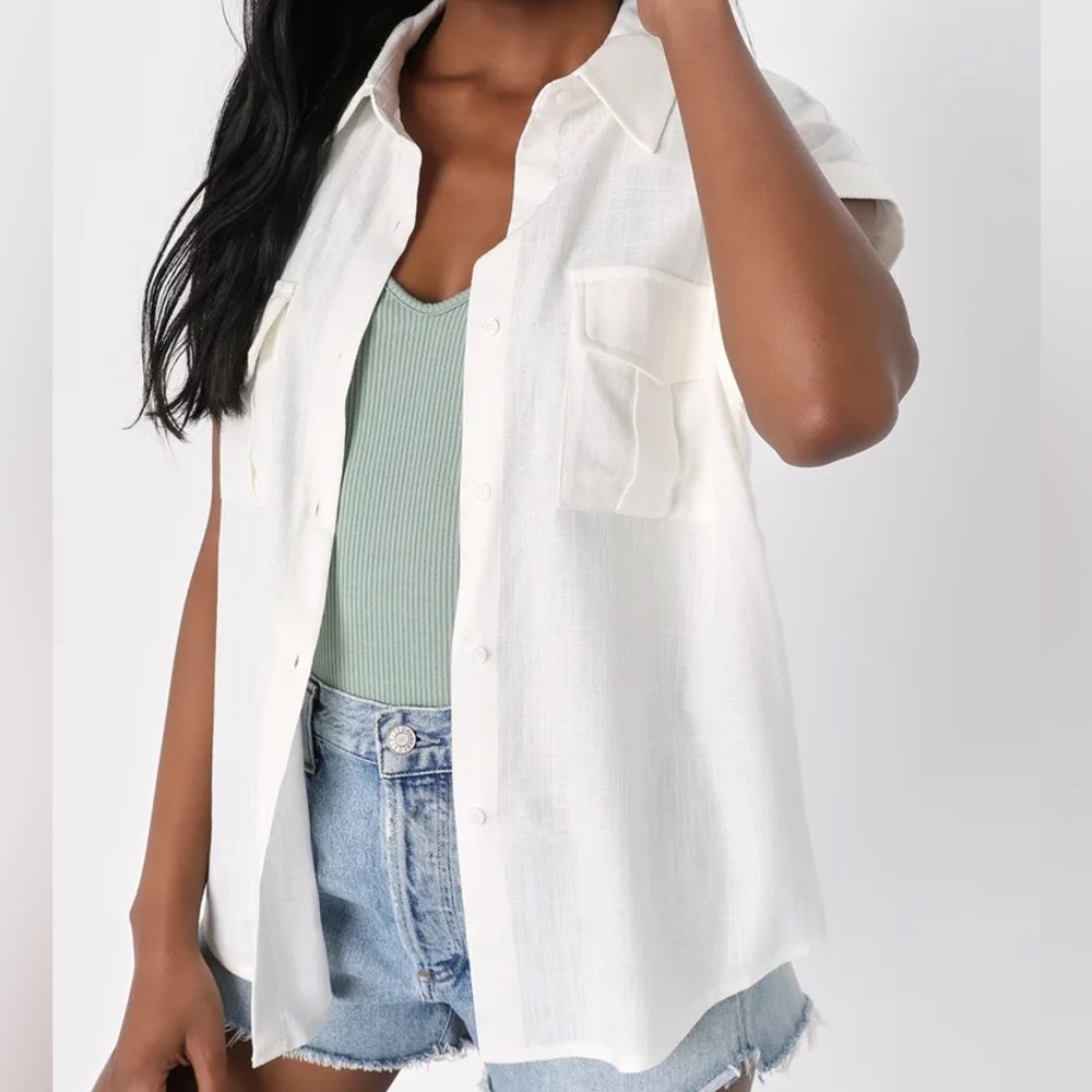 Effortless Simplicity White Linen Short Sleeve Button-Up Top